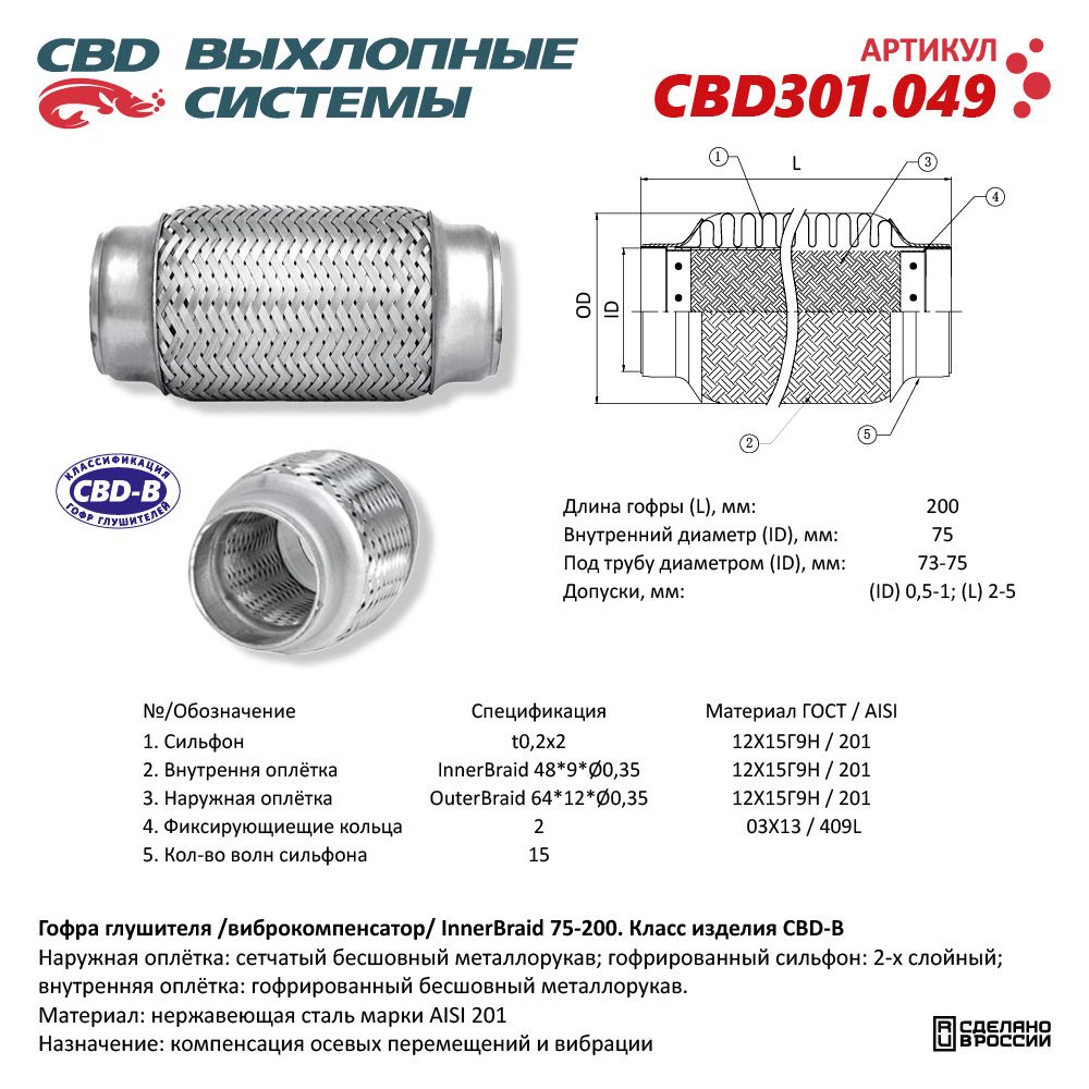 Гофра глушителя Innerbraid 75-200 (КЛАСС CBD-B) AISI 201 - CBD