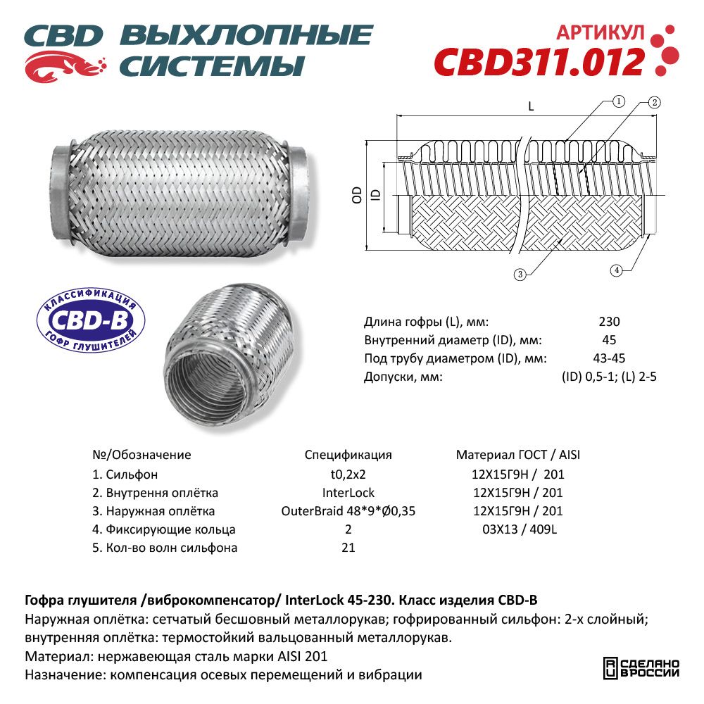 Гофра глушителя InterLock 45-230 (КЛАСС CBD-B) AISI 201 - CBD