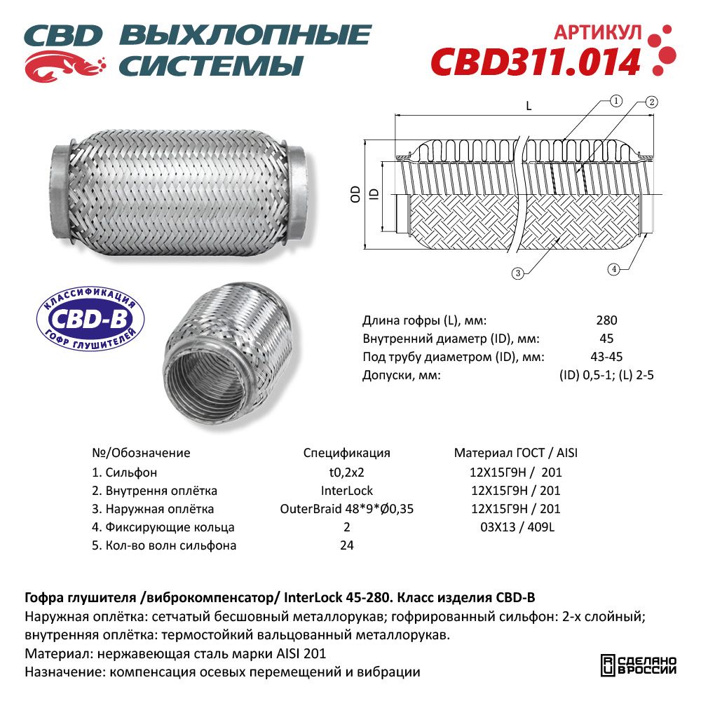 Гофра глушителя InterLock 45-280 (КЛАСС CBD-B) AISI 201 - CBD