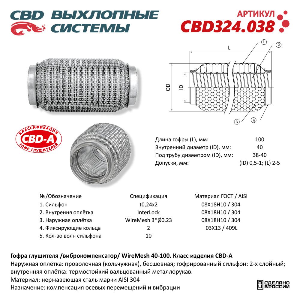 Гофра глушителя WireMesh 40-100 (КЛАСС CBD-A) AISI 304 - CBD